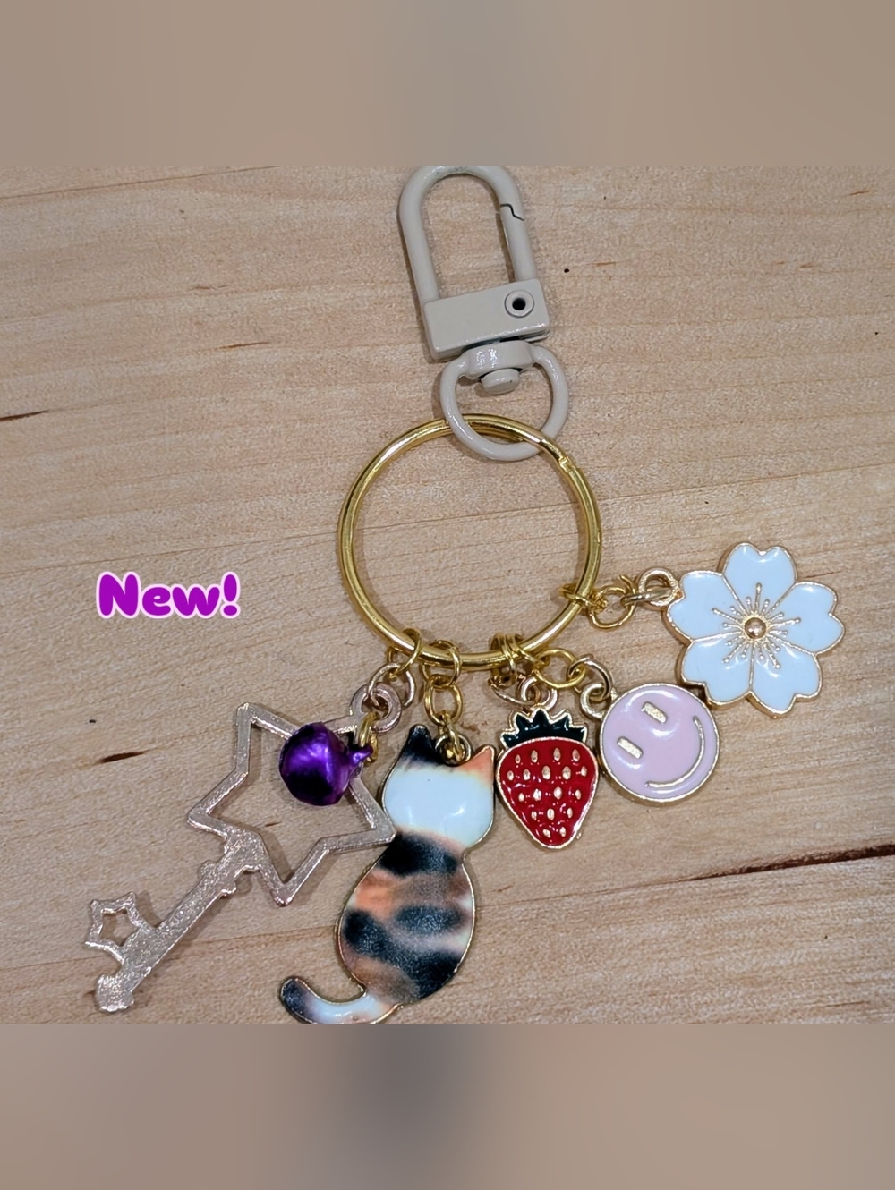 Charming Cat & Strawberry Multi-Charms Keyring - White/Gold Accents